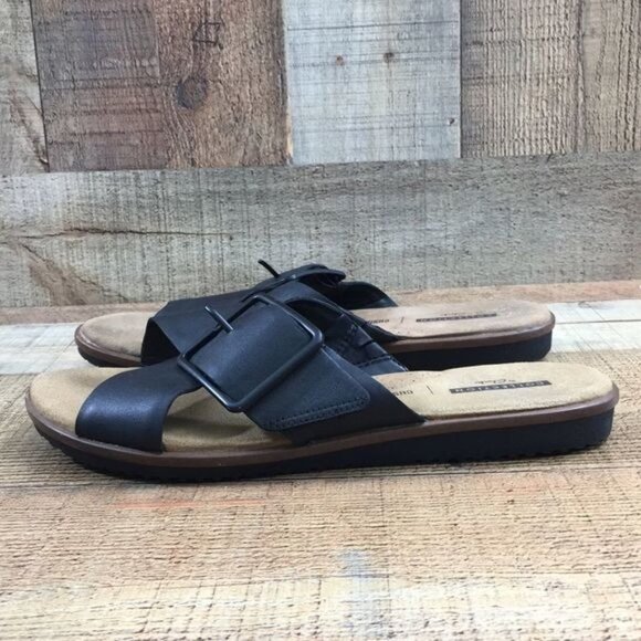 Collection By Clarks Black Leather Kele Heather Slides Womens 7 W Cross Strap - Picture 6 of 12